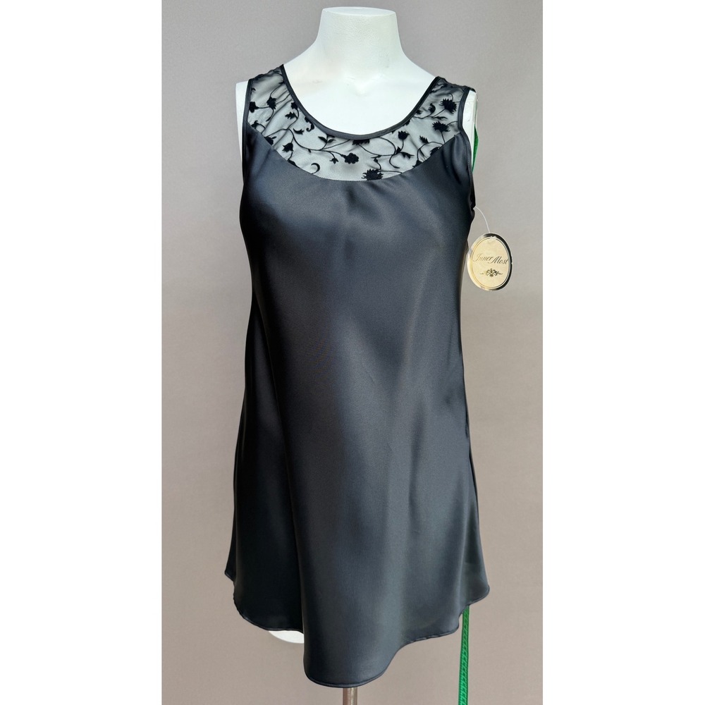 Inner Most Sears VTG Black Satin Chemise Nightgown Floral Mesh Small NWT